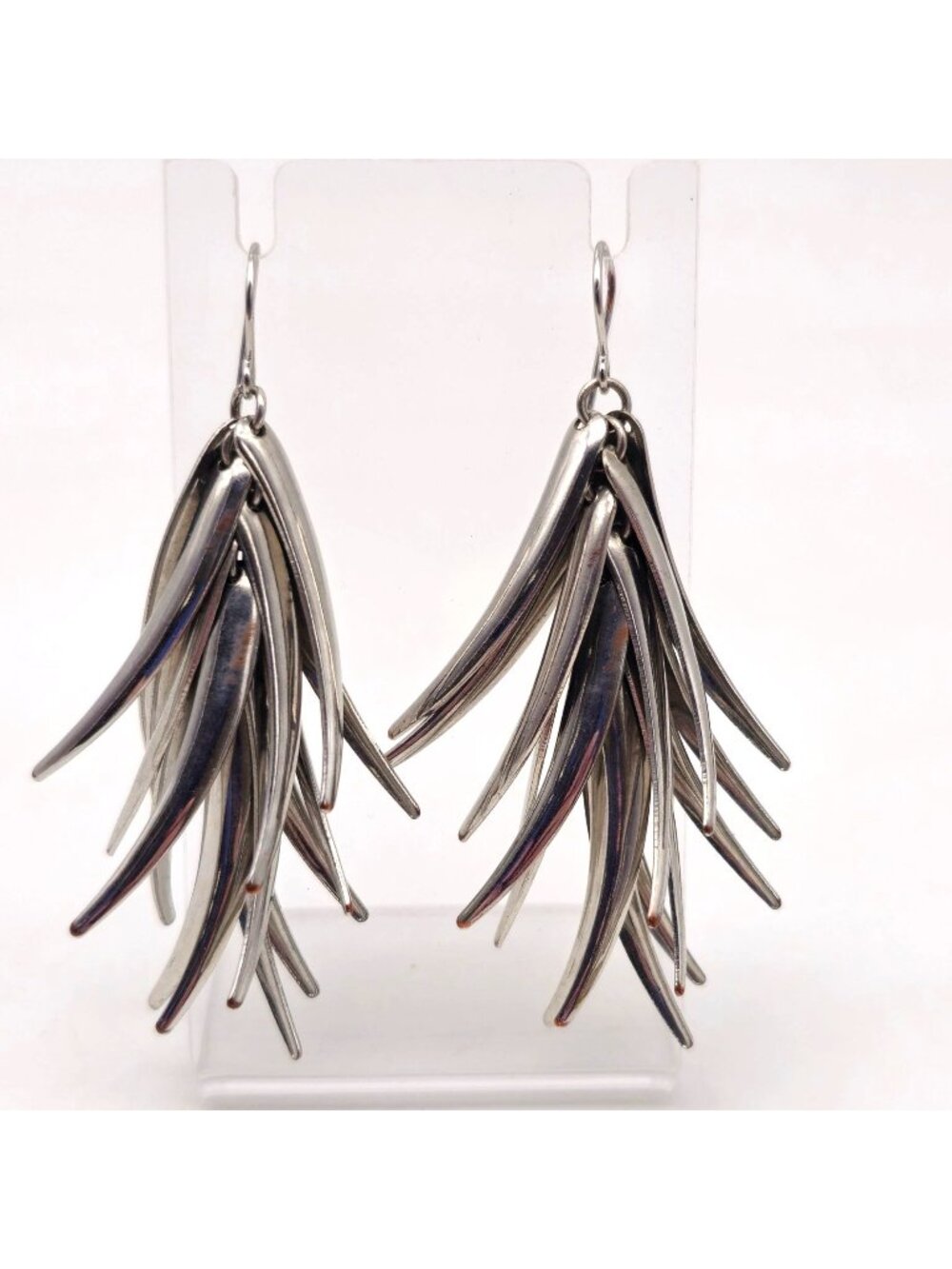 Silver Tone Dangling Layered Hook Earrings Abstract Design 2.5" Drop Dangle